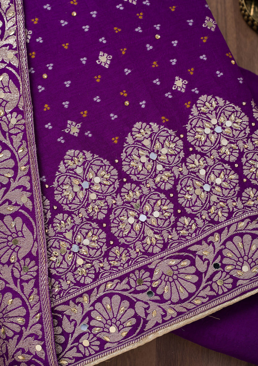 Purple Mirrorwork Semi Crepe Unstitched Salwar Suit-Koskii