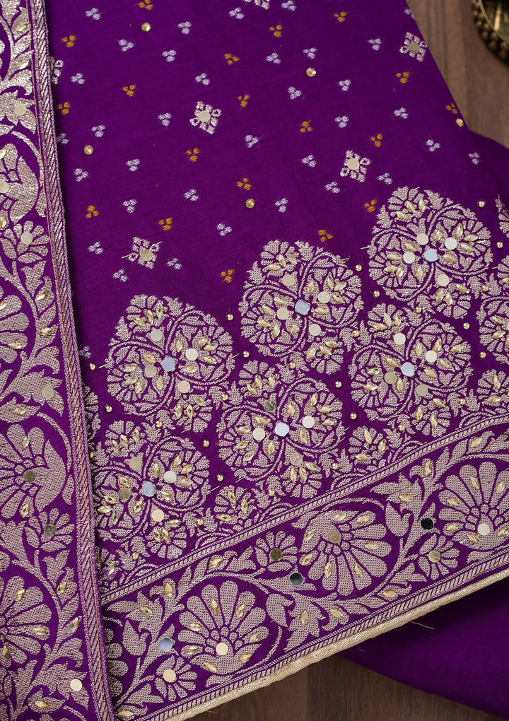 Purple Mirrorwork Semi Crepe Unstitched Salwar Suit-Koskii