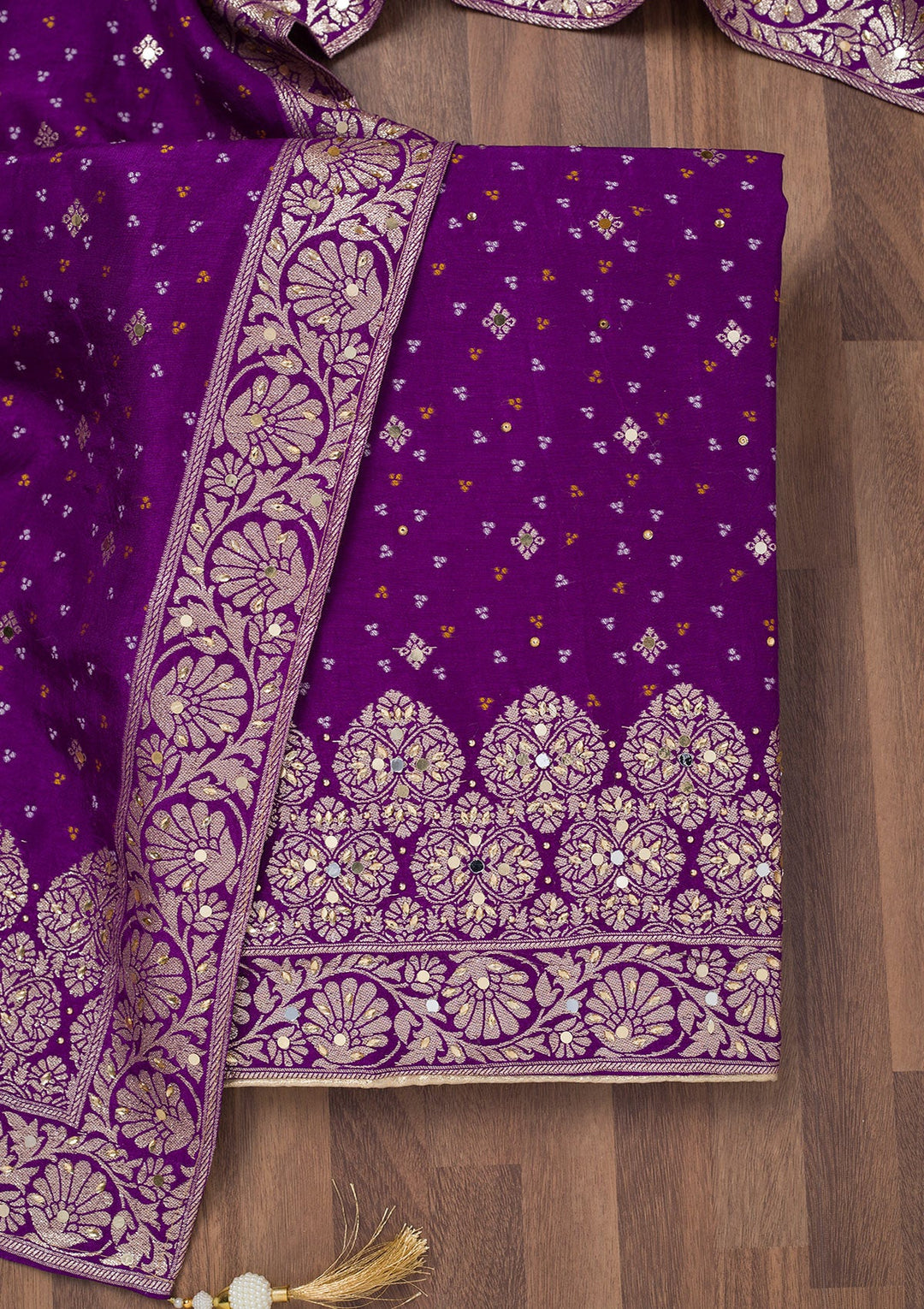 Purple Mirrorwork Semi Crepe Unstitched Salwar Suit-Koskii