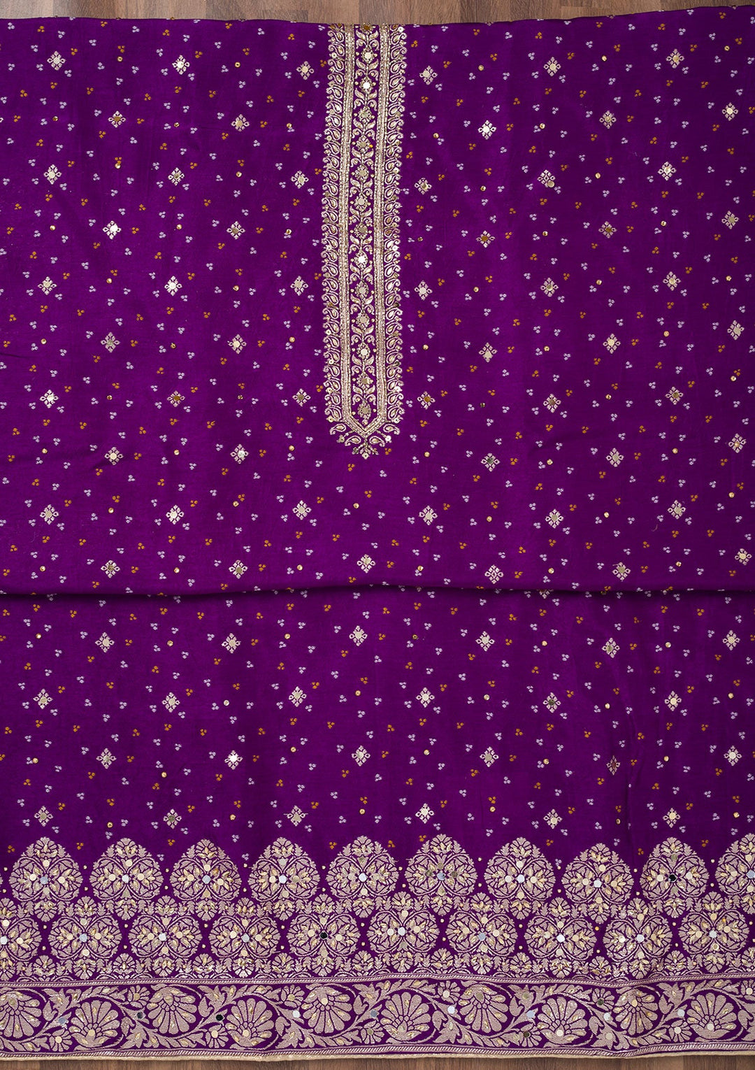 Purple Mirrorwork Semi Crepe Unstitched Salwar Suit-Koskii