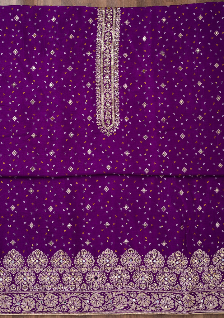 Purple Mirrorwork Semi Crepe Unstitched Salwar Suit-Koskii