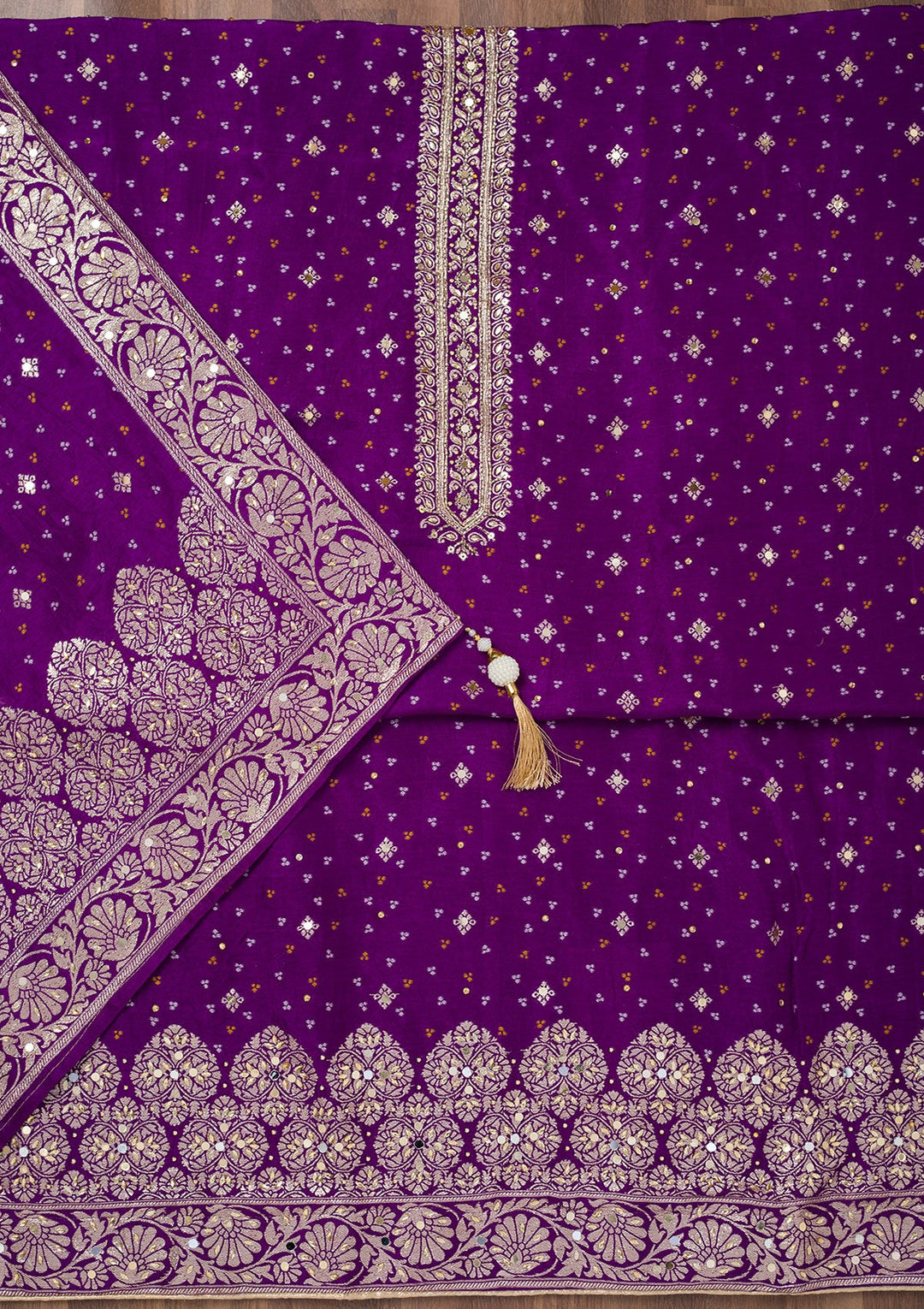 Purple Mirrorwork Semi Crepe Unstitched Salwar Suit-Koskii