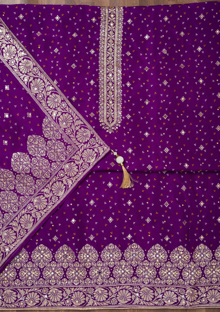 Purple Mirrorwork Semi Crepe Unstitched Salwar Suit-Koskii