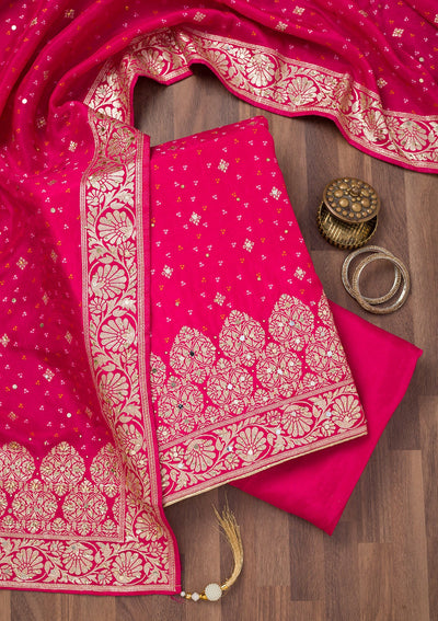 Rani Pink Mirrorwork Semi Crepe Unstitched Salwar Suit-Koskii