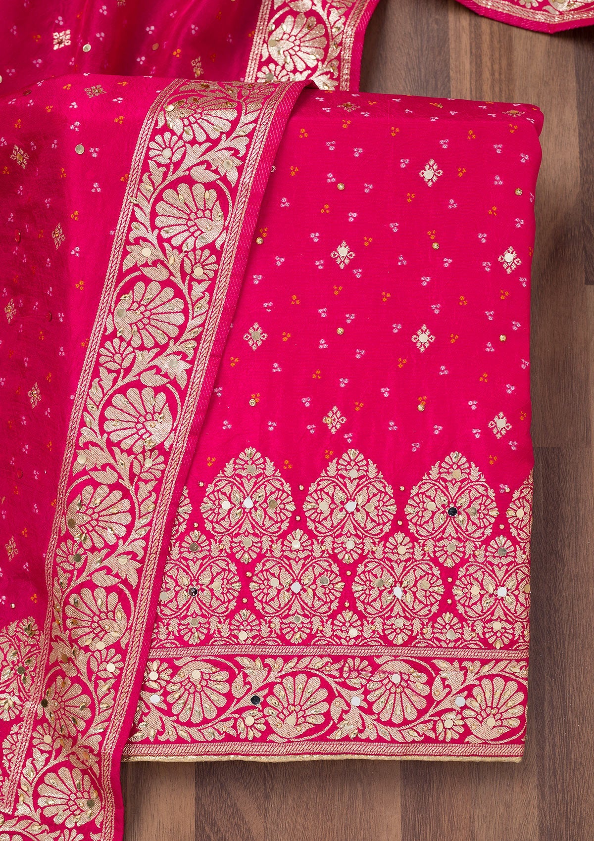 Rani Pink Mirrorwork Semi Crepe Unstitched Salwar Suit-Koskii