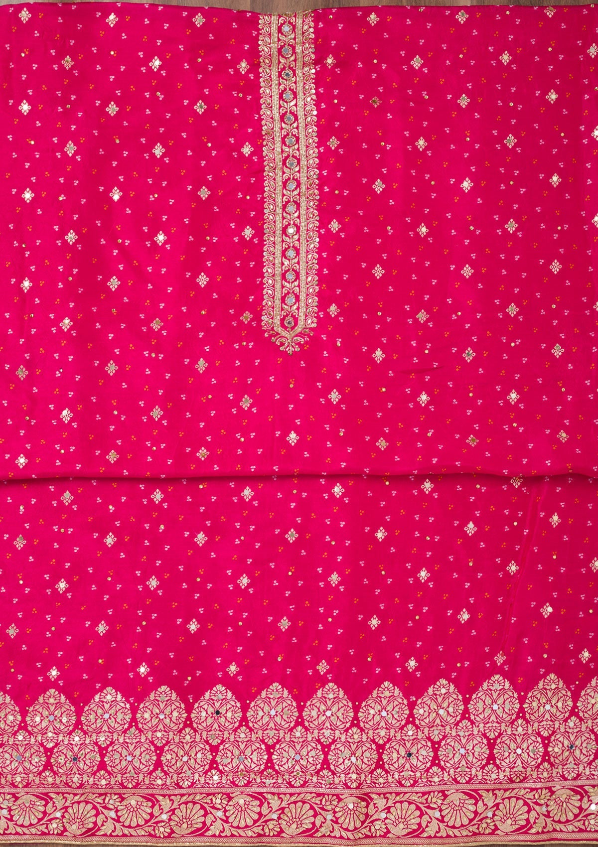 Rani Pink Mirrorwork Semi Crepe Unstitched Salwar Suit-Koskii