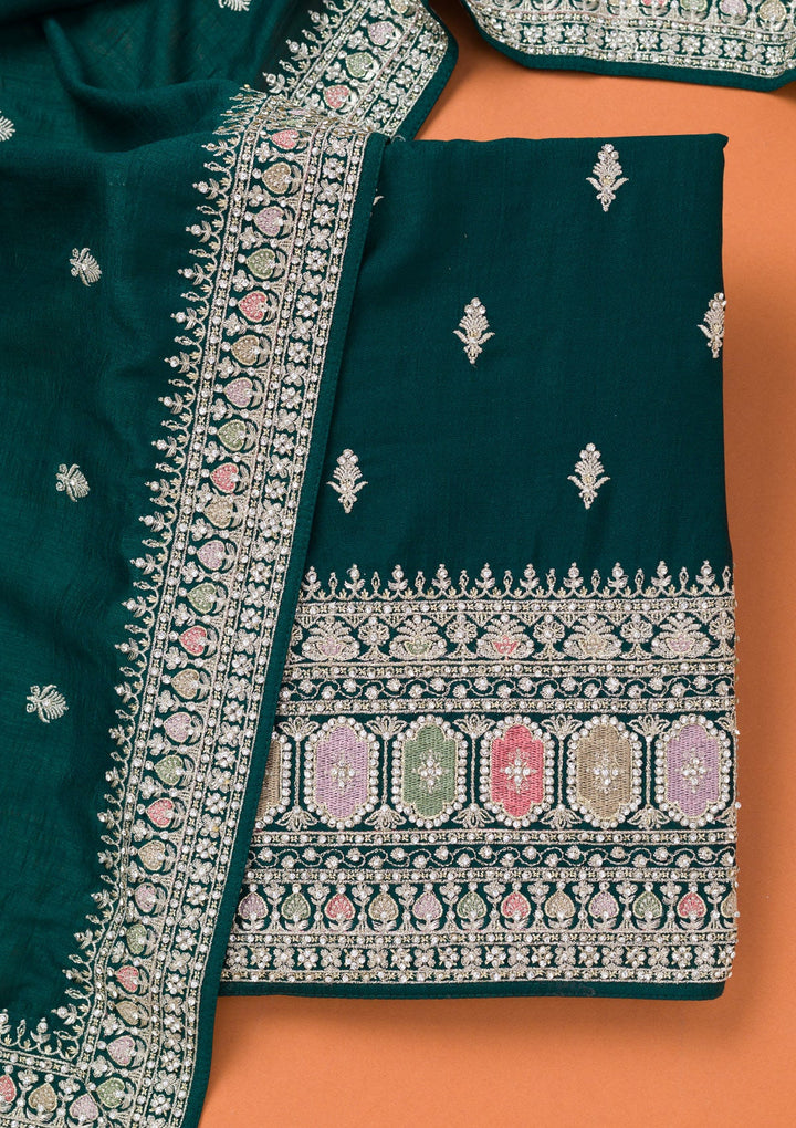 Bottle Green Zariwork Art Silk Unstitched Salwar Suit-Koskii