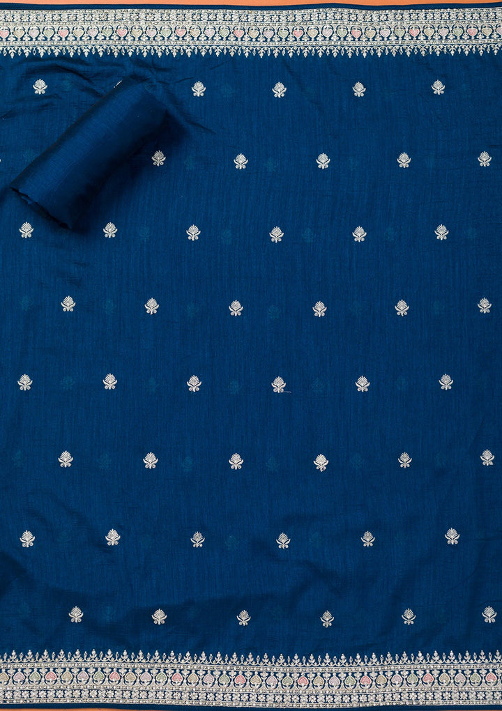 Peacock Blue Zariwork Art Silk Unstitched Salwar Suit-Koskii