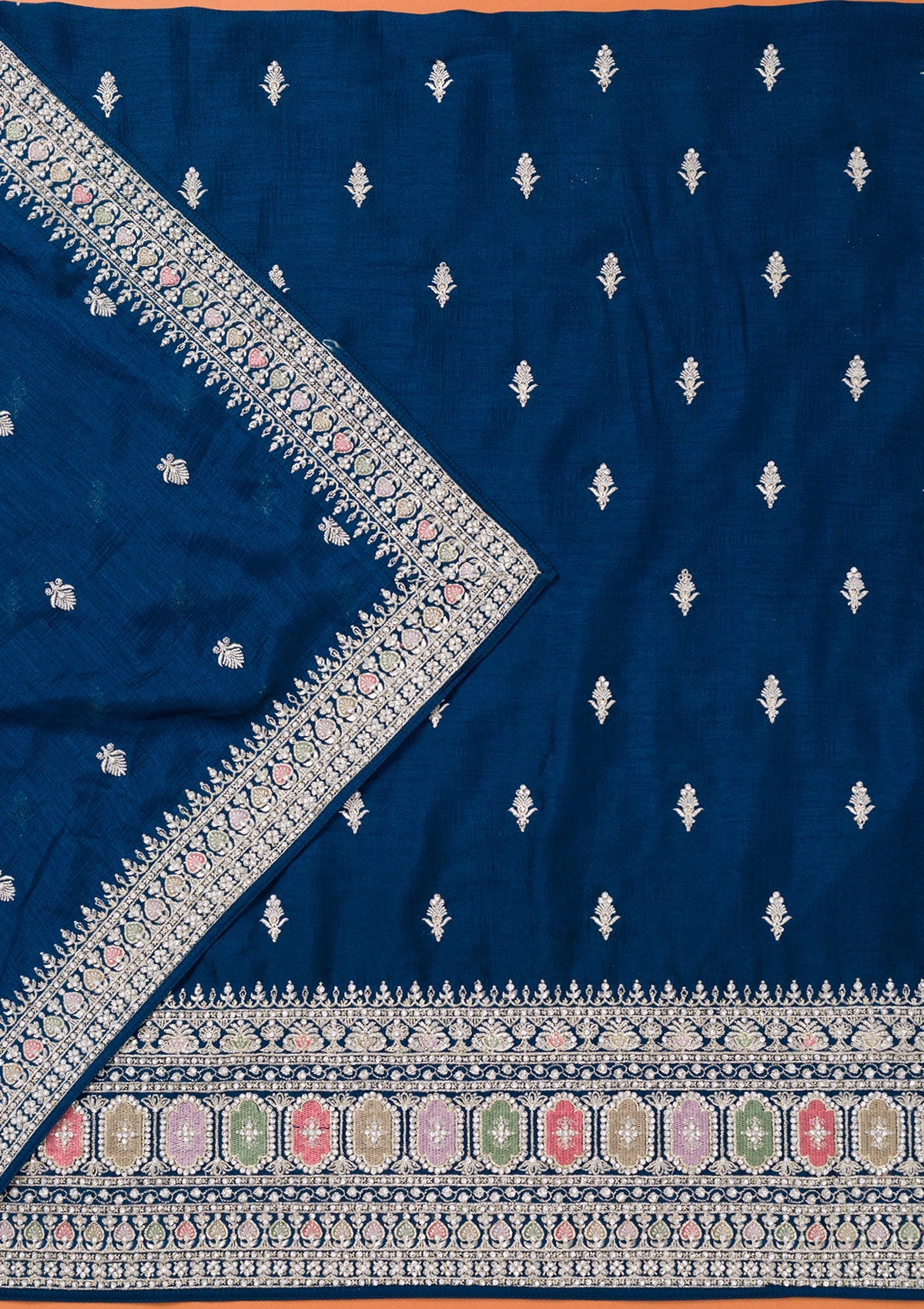 Peacock Blue Zariwork Art Silk Unstitched Salwar Suit-Koskii