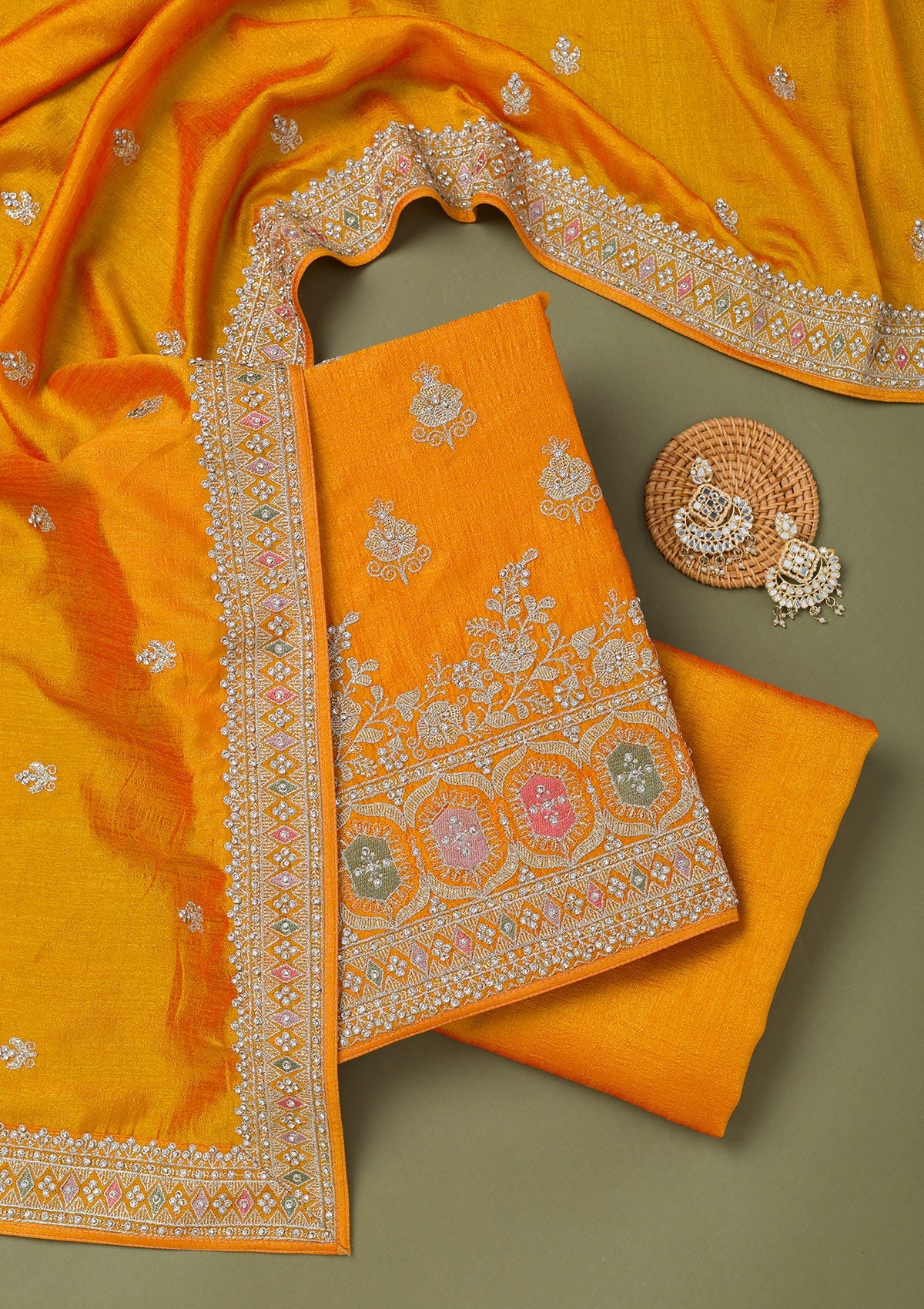 Mustard Zariwork Art Silk Unstitched Salwar Suit-Koskii