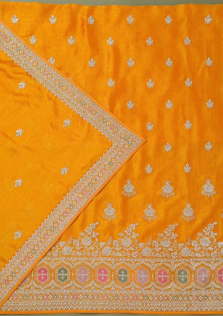 Mustard Zariwork Art Silk Unstitched Salwar Suit-Koskii