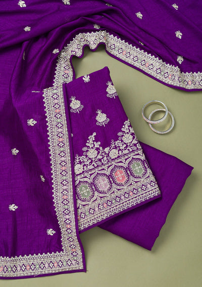 Purple Zariwork Art Silk Unstitched Salwar Suit-Koskii