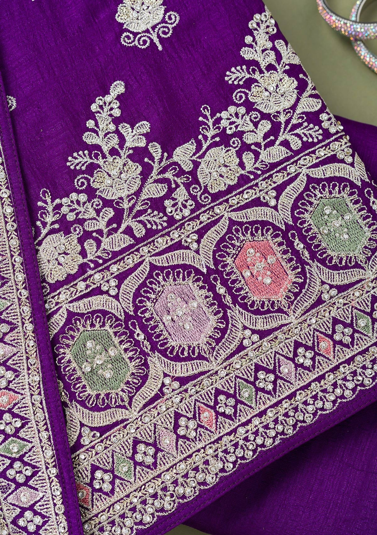 Purple Zariwork Art Silk Unstitched Salwar Suit-Koskii