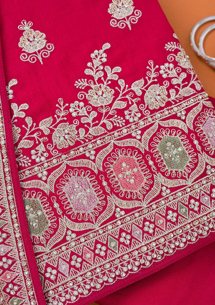 Rani Pink Zariwork Art Silk Unstitched Salwar Suit-Koskii
