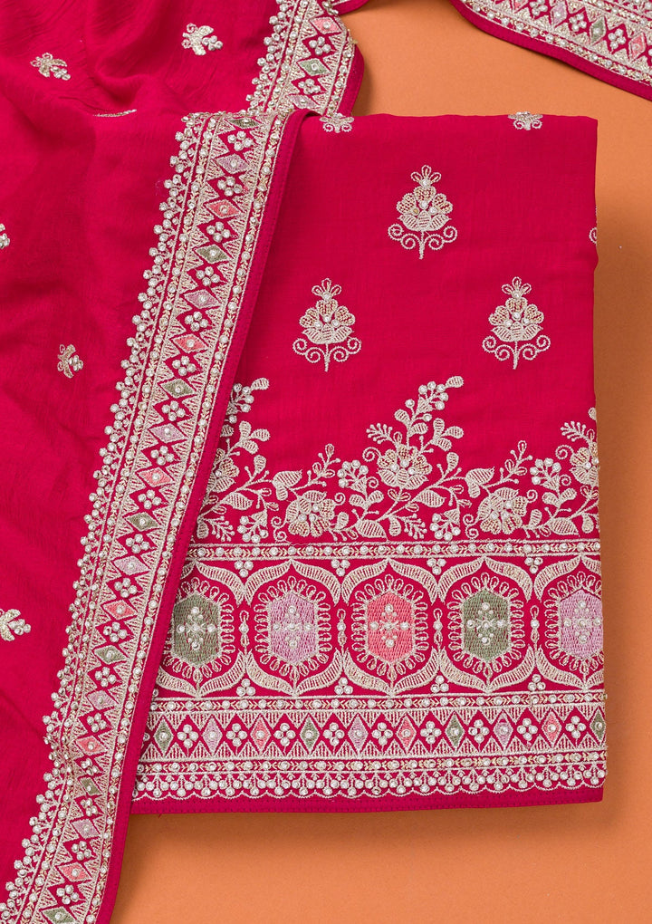 Rani Pink Zariwork Art Silk Unstitched Salwar Suit-Koskii
