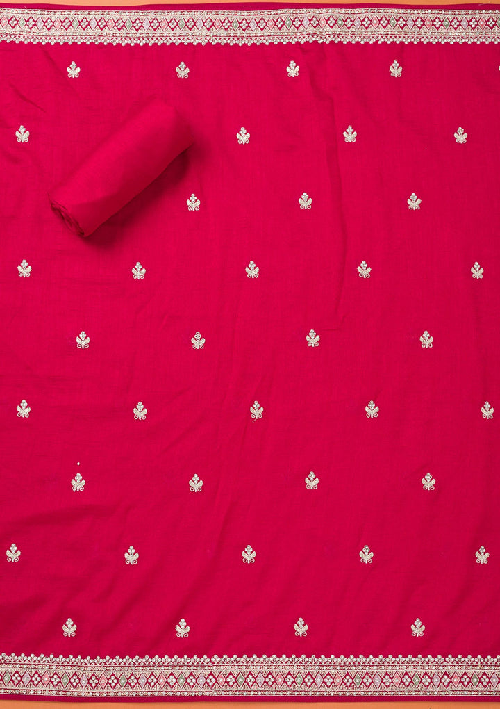 Rani Pink Zariwork Art Silk Unstitched Salwar Suit-Koskii