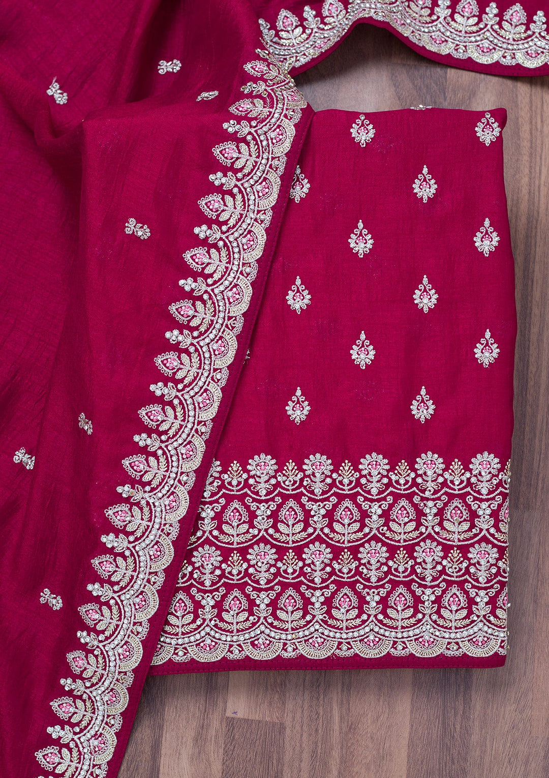 Maroon Zariwork Soft Raw Silk Unstitched Salwar Suit-Koskii