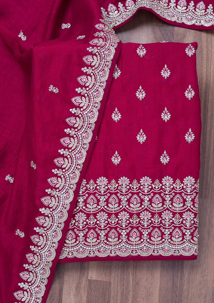 Maroon Zariwork Soft Raw Silk Unstitched Salwar Suit-Koskii