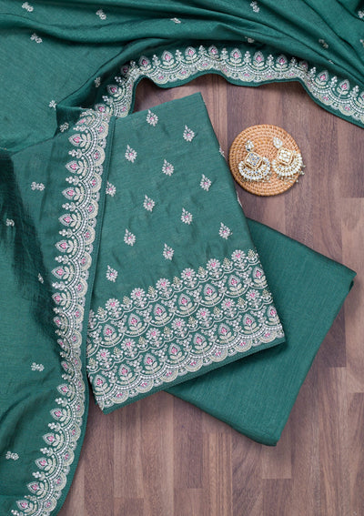 Sea Green Zariwork Soft Raw Silk Unstitched Salwar Suit-Koskii