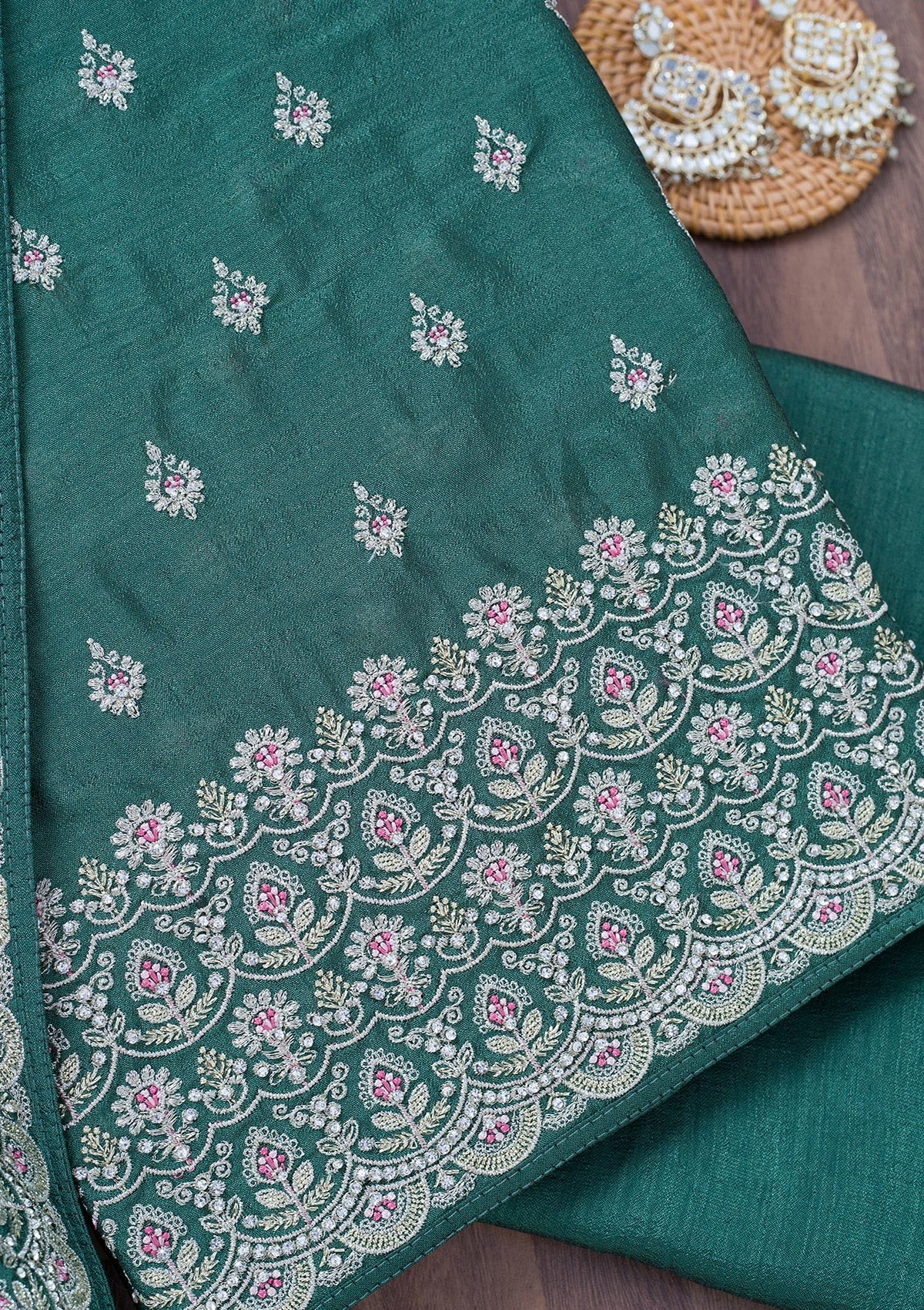 Sea Green Zariwork Soft Raw Silk Unstitched Salwar Suit-Koskii