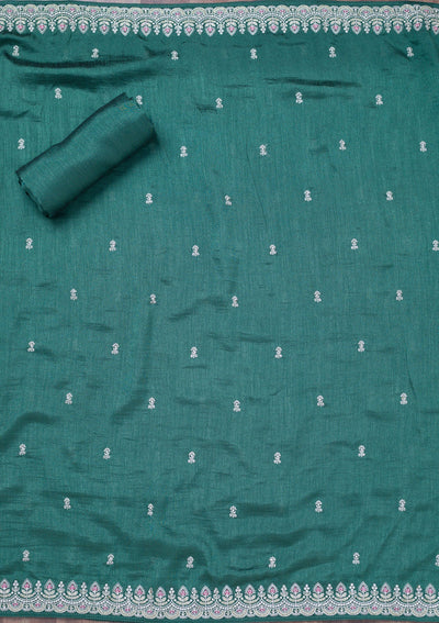 Sea Green Zariwork Soft Raw Silk Unstitched Salwar Suit-Koskii