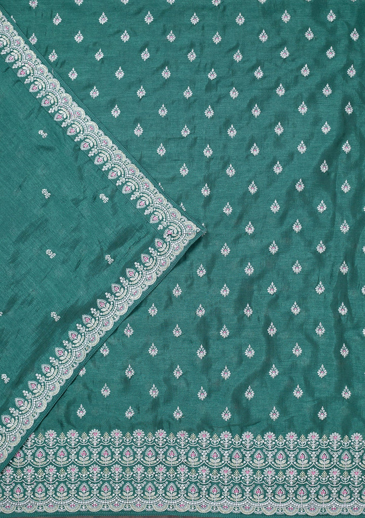 Sea Green Zariwork Soft Raw Silk Unstitched Salwar Suit-Koskii