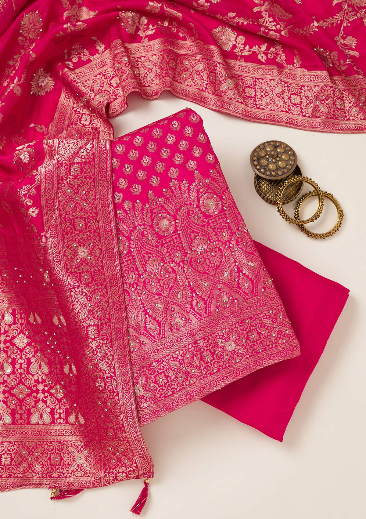 Rani Pink Zariwork Art Silk Unstitched Salwar Suit-koskii