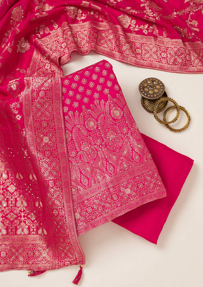 Rani Pink Zariwork Art Silk Unstitched Salwar Suit-koskii
