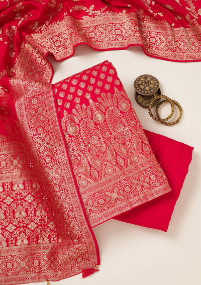Red Zariwork Art Silk Unstitched Salwar Suit-koskii