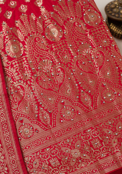 Red Zariwork Art Silk Unstitched Salwar Suit-koskii