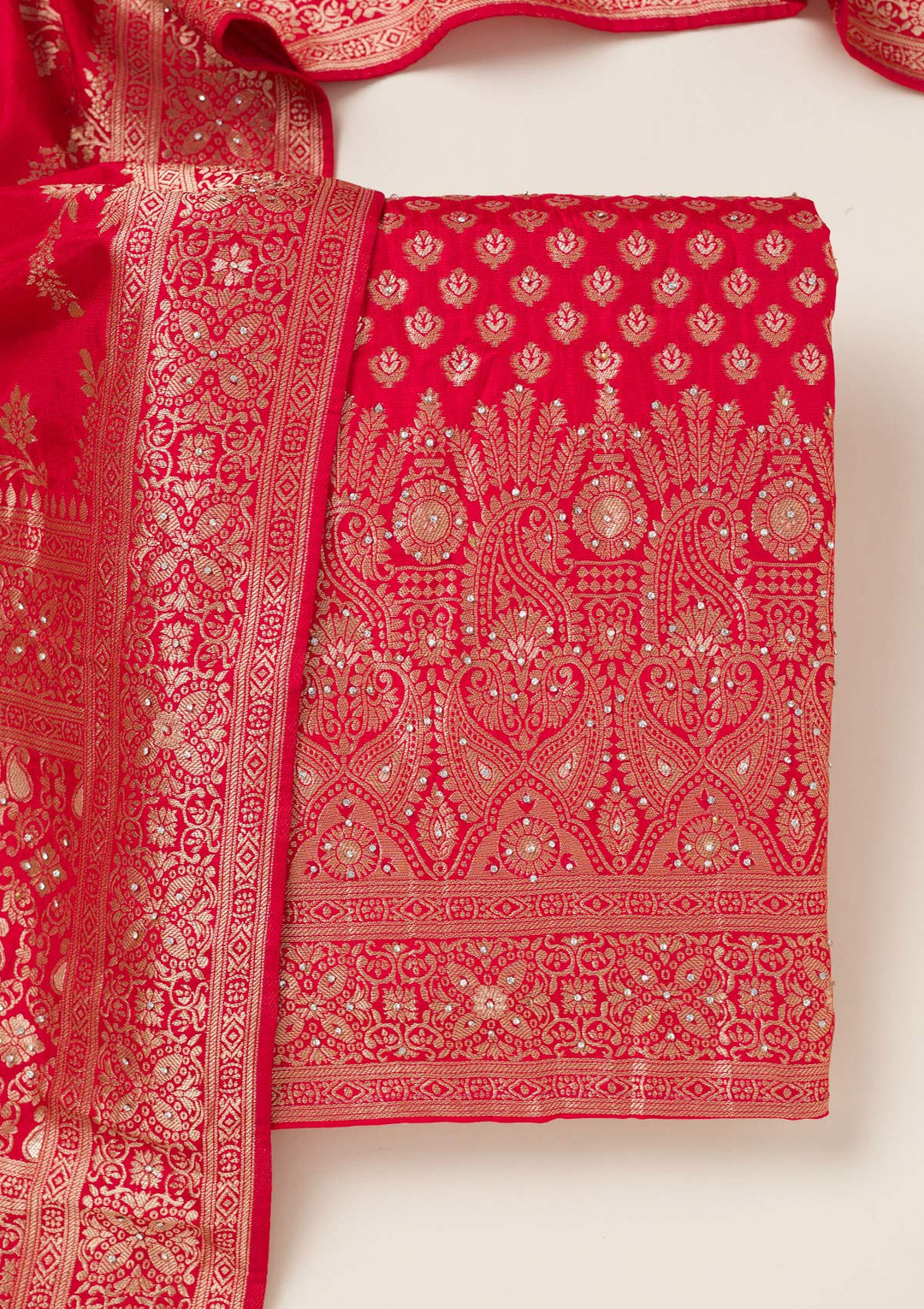 Red Zariwork Art Silk Unstitched Salwar Suit-koskii