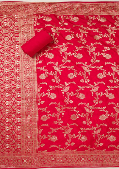 Red Zariwork Art Silk Unstitched Salwar Suit-koskii