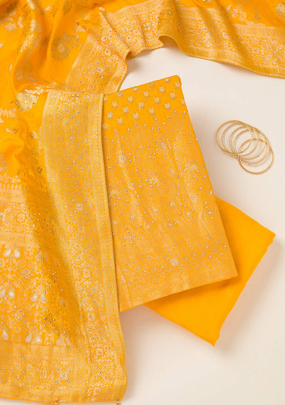 Yellow Zariwork Art Silk Unstitched Salwar Suit-koskii