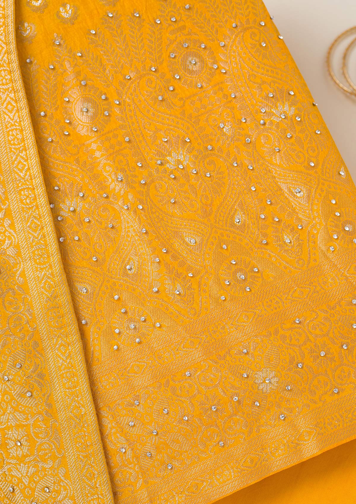 Yellow Zariwork Art Silk Unstitched Salwar Suit-koskii