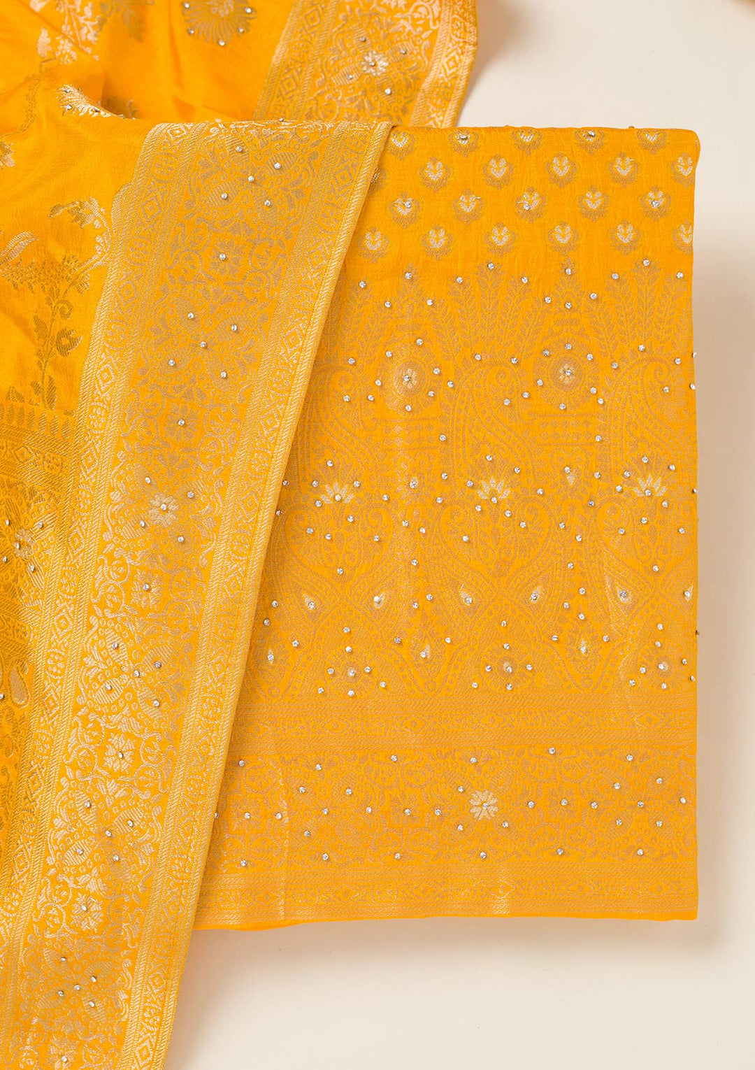 Yellow Zariwork Art Silk Unstitched Salwar Suit-koskii