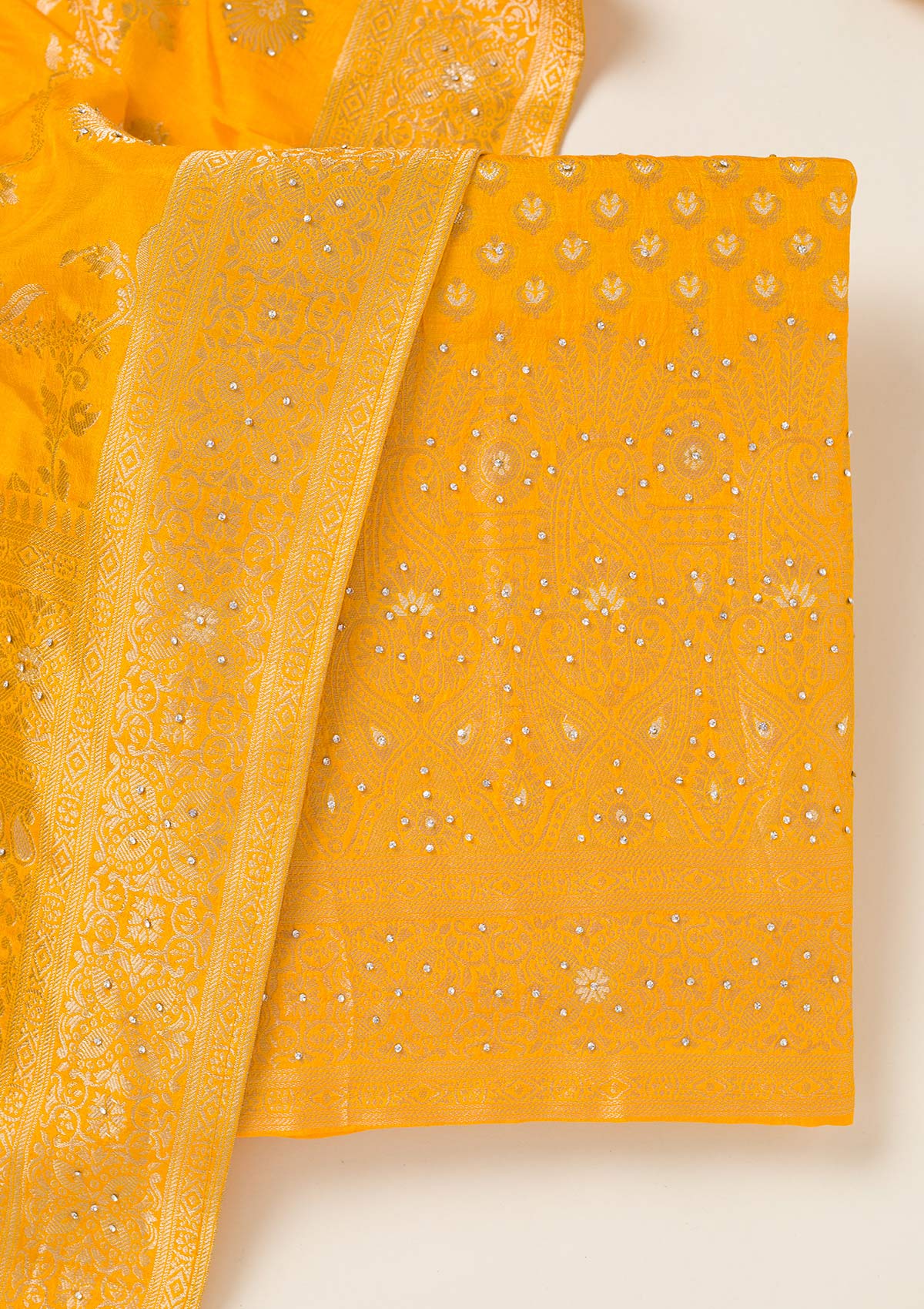 Yellow Zariwork Art Silk Unstitched Salwar Suit-koskii