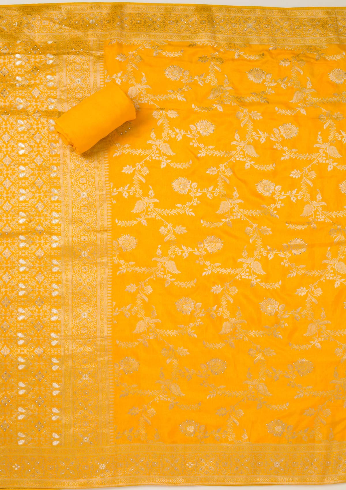 Yellow Zariwork Art Silk Unstitched Salwar Suit-koskii