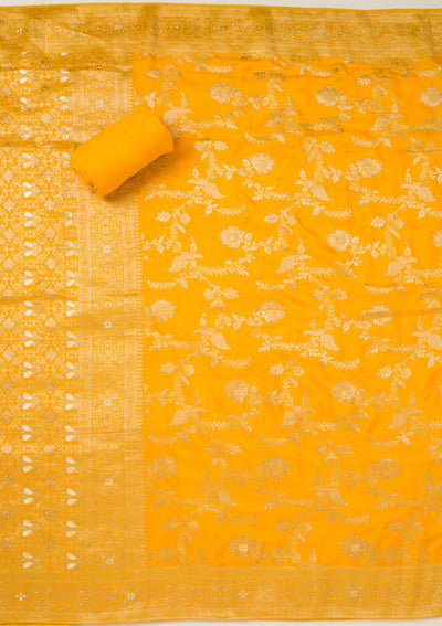 Yellow Zariwork Art Silk Unstitched Salwar Suit-koskii