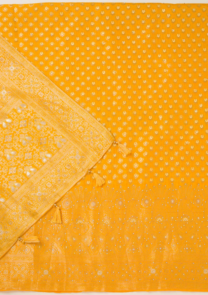 Yellow Zariwork Art Silk Unstitched Salwar Suit-koskii