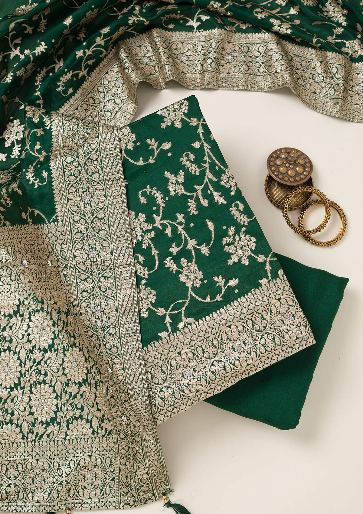 Bottle Green Zariwork Semi Crepe Unstitched Salwar Suit-koskii