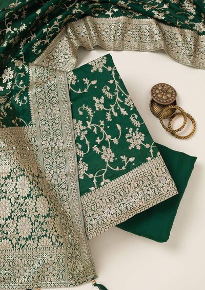 Bottle Green Zariwork Semi Crepe Unstitched Salwar Suit-koskii