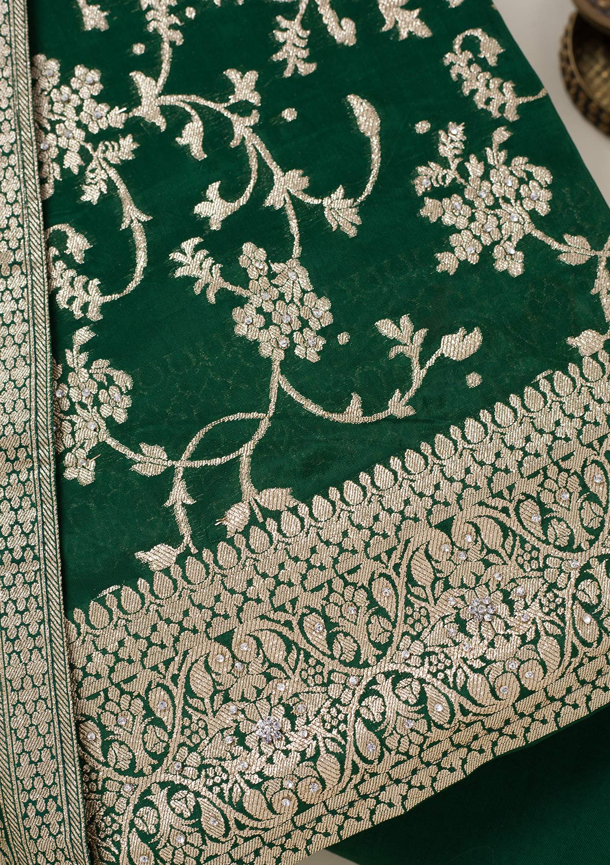 Bottle Green Zariwork Semi Crepe Unstitched Salwar Suit-koskii