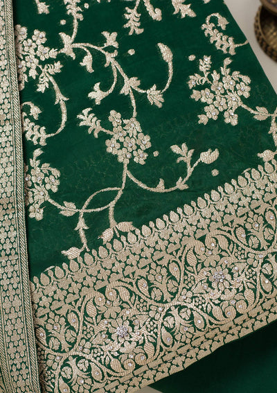 Bottle Green Zariwork Semi Crepe Unstitched Salwar Suit-koskii