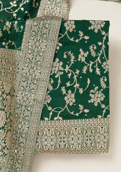 Bottle Green Zariwork Semi Crepe Unstitched Salwar Suit-koskii
