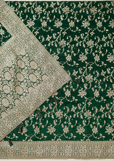 Bottle Green Zariwork Semi Crepe Unstitched Salwar Suit-koskii