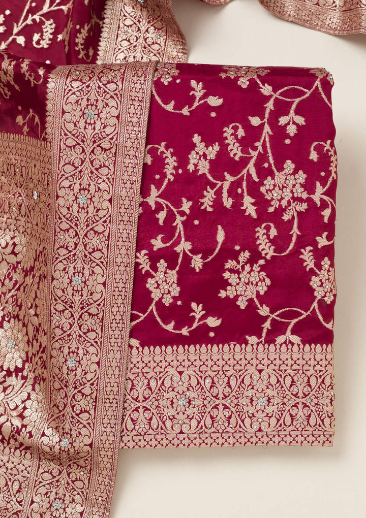 Maroon Zariwork Semi Crepe Unstitched Salwar Suit-koskii