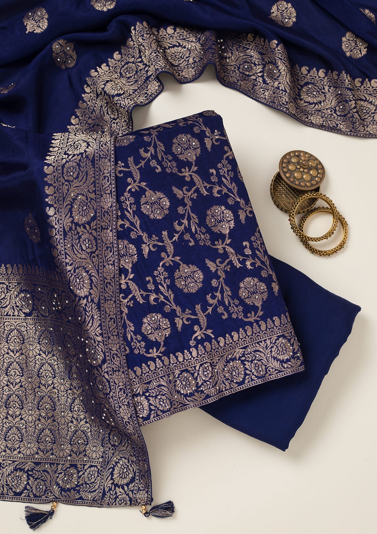 Navy Blue Zariwork Dola Silk Unstitched Salwar Suit-koskii