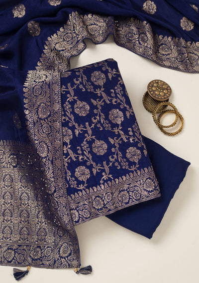 Navy Blue Zariwork Dola Silk Unstitched Salwar Suit-koskii