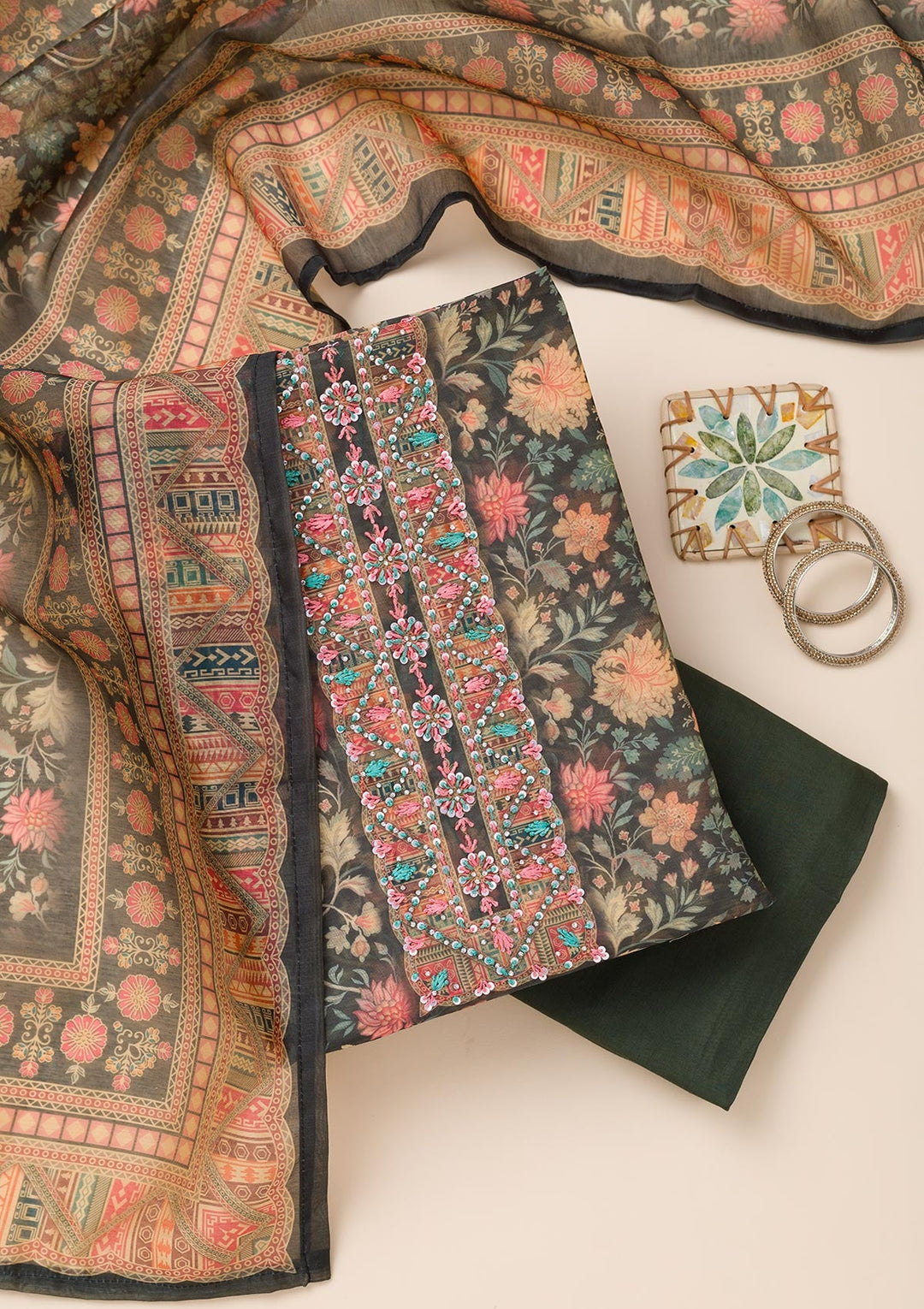 Bottle Green Printed Chanderi Unstitched Salwar Suit-Koskii