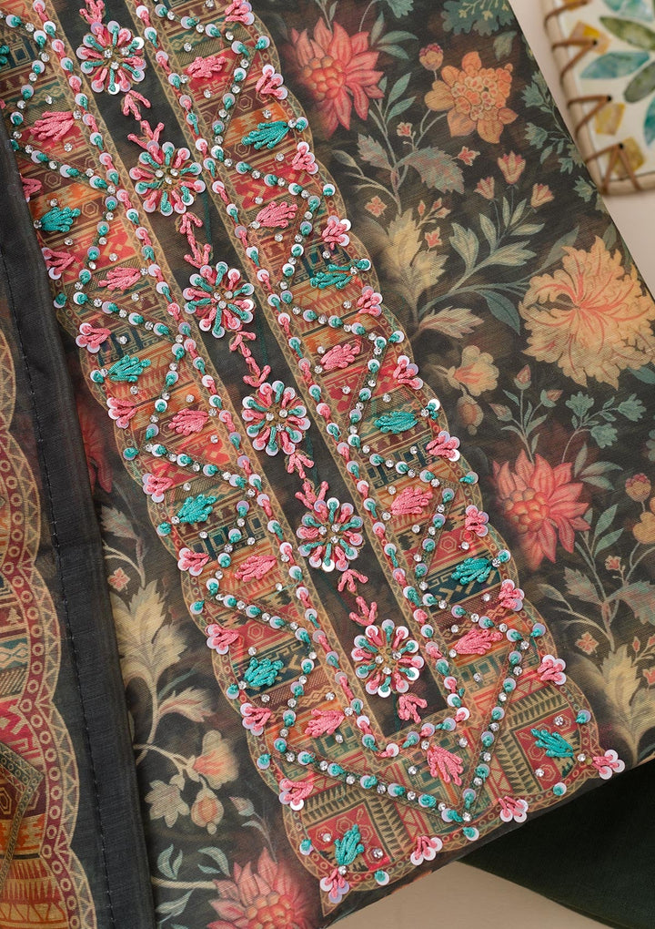 Bottle Green Printed Chanderi Unstitched Salwar Suit-Koskii